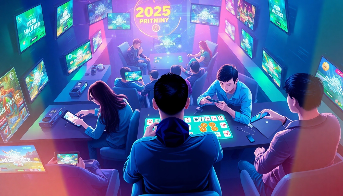 Vibrant digital gaming scene showcasing gamebaidoithuong.com.vc with players enjoying popular card games in 2025.