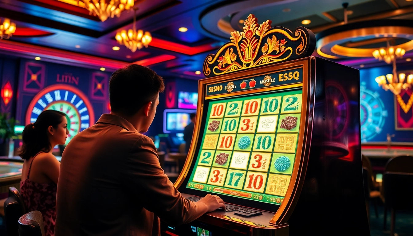 Engaging in slot demo mahjong gameplay at a luxurious casino with vibrant visuals.