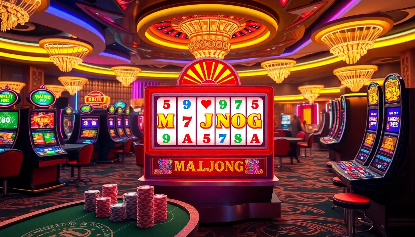 Pemain menikmati mesin slot demo Mahjong dalam suasana kasino yang hidup dengan tumpukan chip.