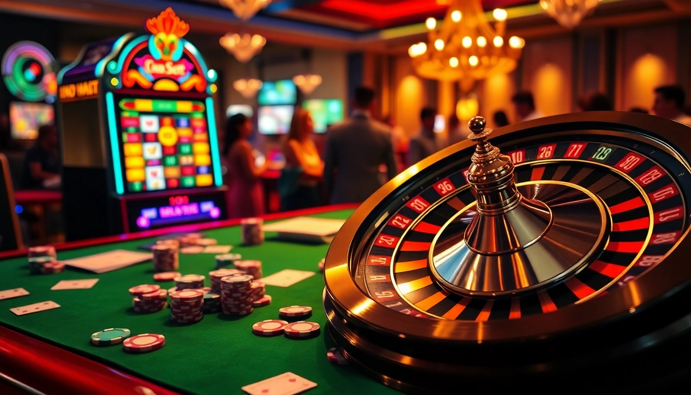 IDNSlot gaming experience with lively poker chips and a spinning roulette wheel in a luxurious casino.