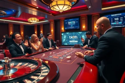 Experience the excitement of bK8TH at a luxurious casino table, full of vibrant players and action.