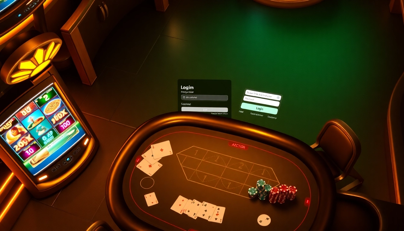 Engage with onicplay login in a luxurious online casino setting featuring slot machines and poker tables.