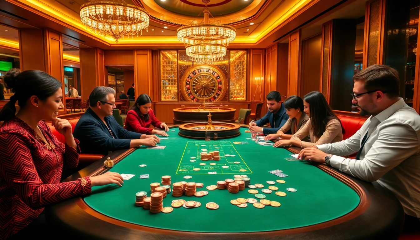 Experience the thrill of win 98 at a poker table surrounded by excited players in a vibrant casino atmosphere.