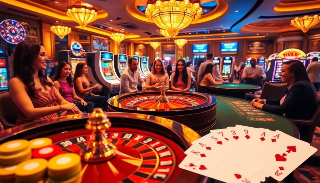 Experience thrilling gameplay at https:/nk88.us.com/ amid an upscale casino scene featuring roulette and poker.