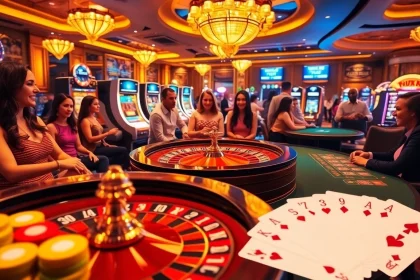Experience thrilling gameplay at https:/nk88.us.com/ amid an upscale casino scene featuring roulette and poker.