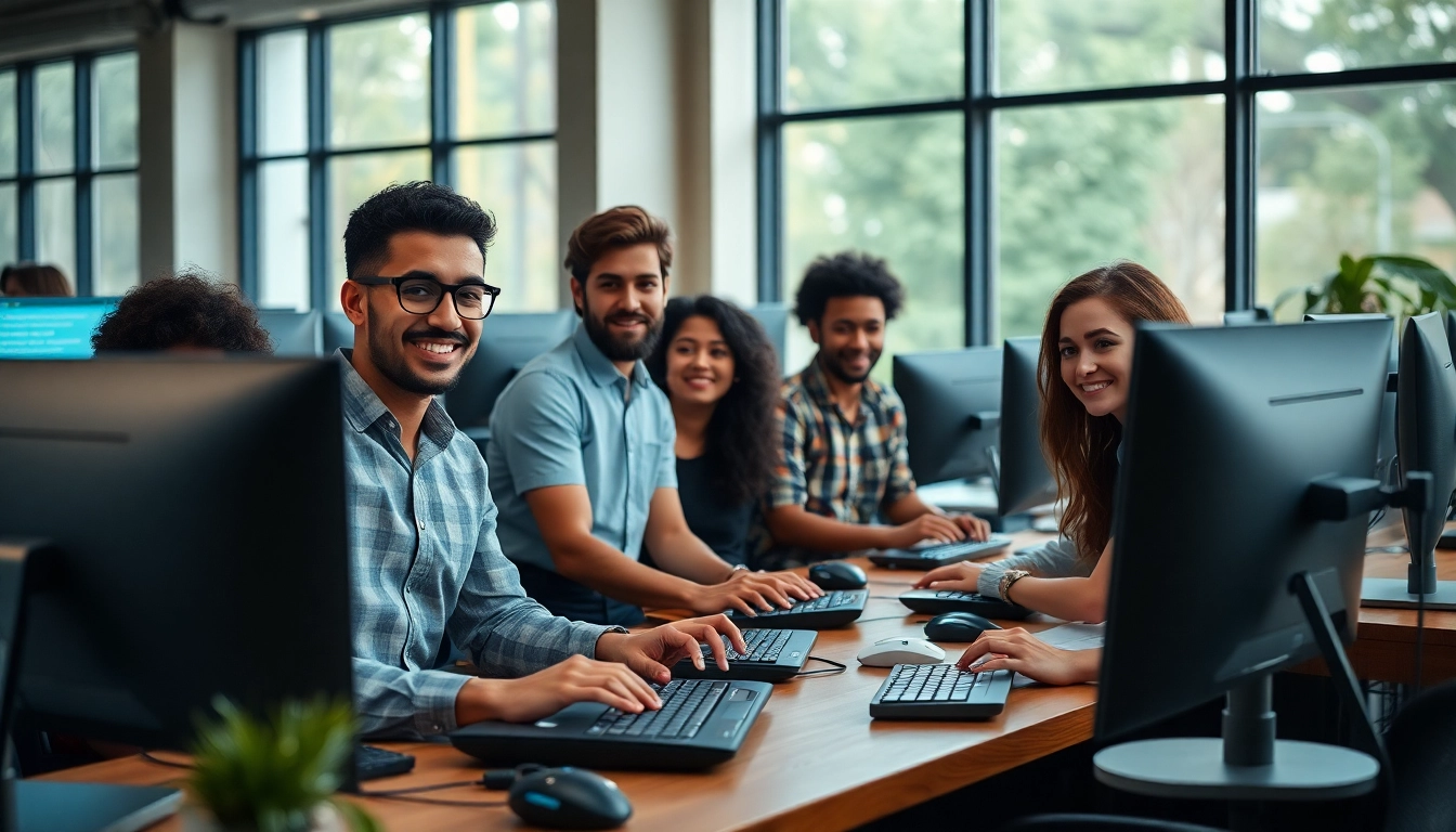 Team collaborating in a typing center showcasing focus and productivity with modern equipment.