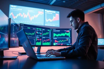 Infosec-focused workspace with a developer coding and analyzing Amazon price tracking charts