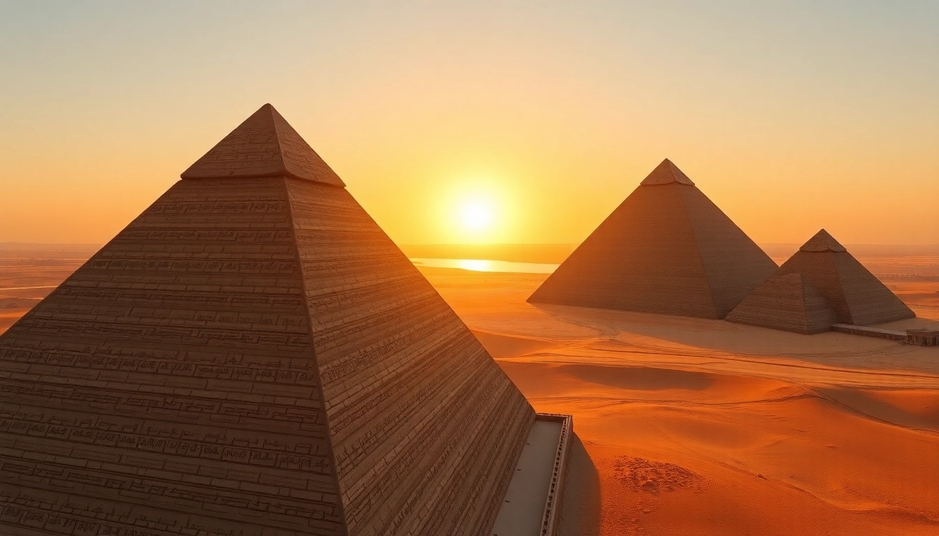 Experience the majestic piraminds surrounded by a mesmerizing desert landscape at sunset.