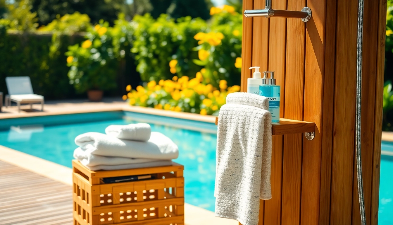 An inviting sunny shower USA outdoor setup featuring a beautifully designed shower near a pool.
