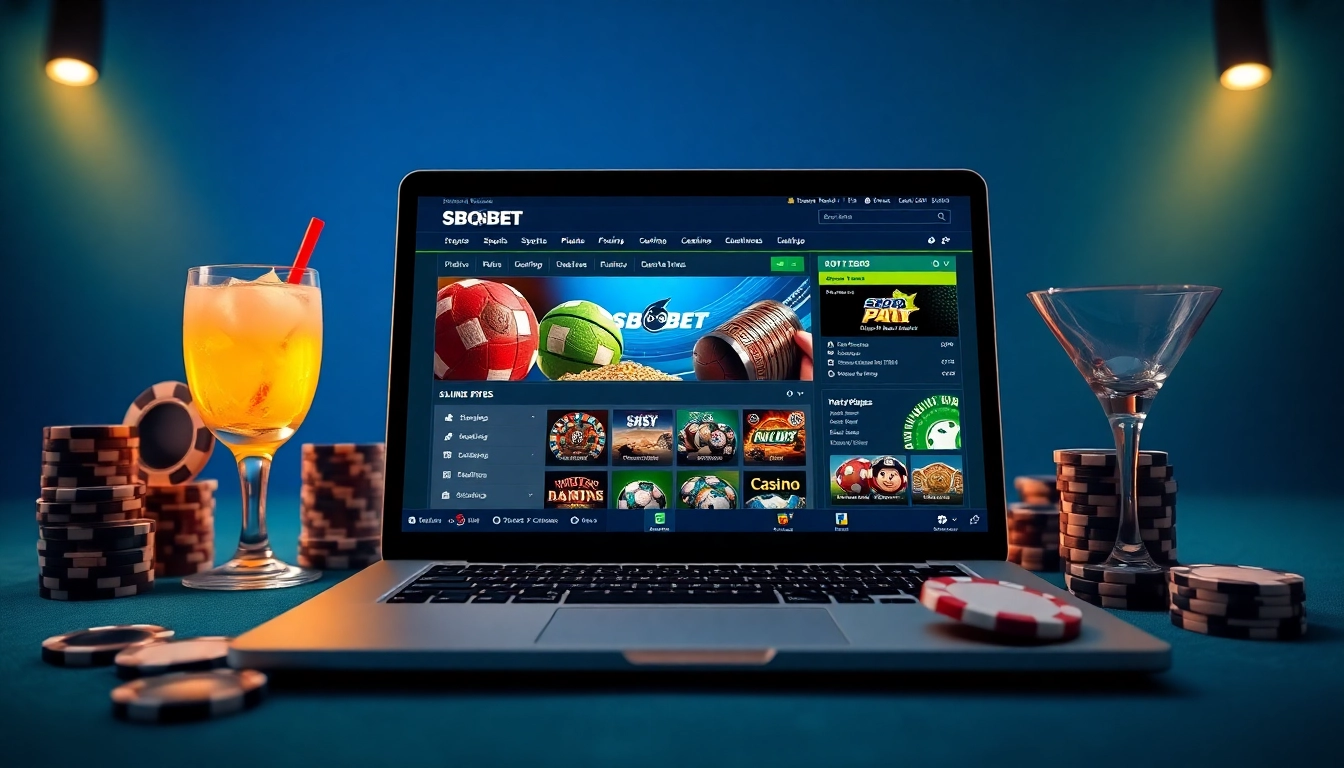 Dynamic gambling scene illustrating sbobet.dance with online betting options and poker elements.