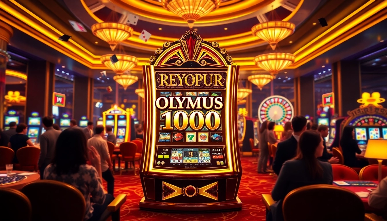 Pemain menikmati sensasi permainan slot Olympus 1000 di lingkungan kasino yang penuh warna.