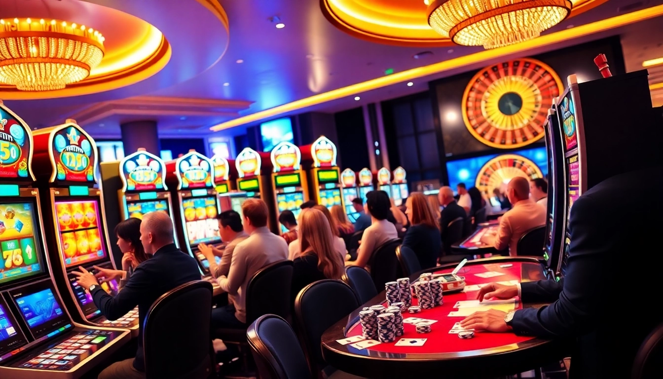 Para penjudi menikmati permainan seru pada mesin slot Depo 5rb di kasino mewah.