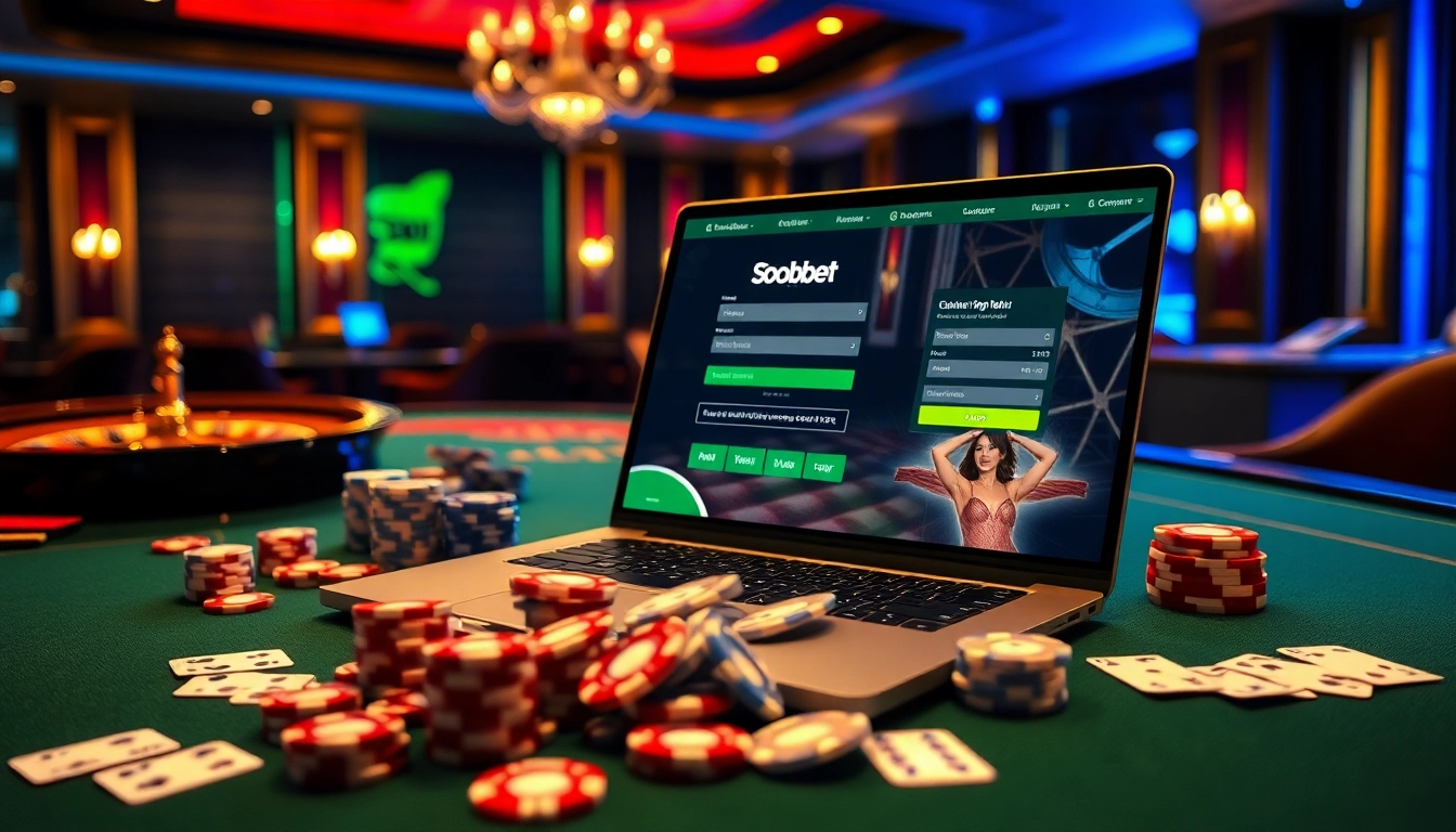 Sbobet login on a modern laptop surrounded by casino elements like poker chips and cards.