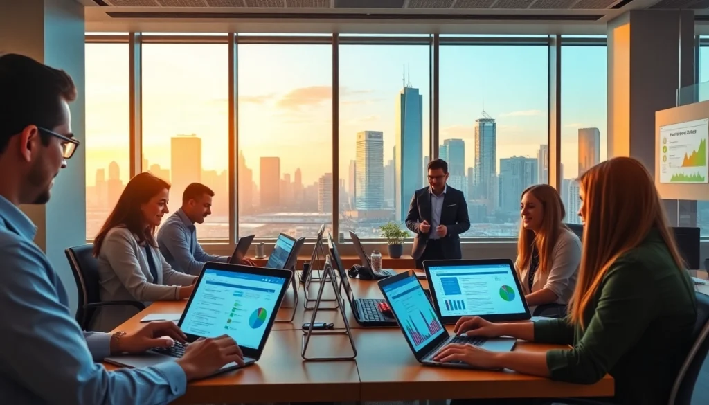 现代办公室中的协作，展示WPS官网应用实际运行的场景。