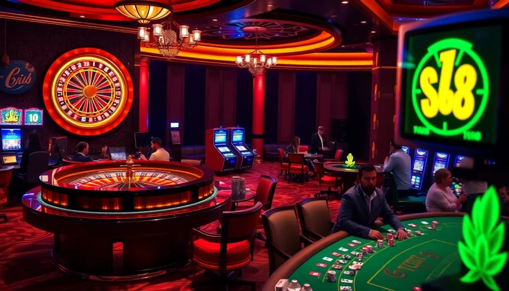 Cảnh casino LUCK8、LUCKY8 với bánh xe roulette và máy đánh bạc, thể hiện sự phấn khích và đẳng cấp.