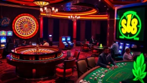 Cảnh casino LUCK8、LUCKY8 với bánh xe roulette và máy đánh bạc, thể hiện sự phấn khích và đẳng cấp.