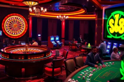 Cảnh casino LUCK8、LUCKY8 với bánh xe roulette và máy đánh bạc, thể hiện sự phấn khích và đẳng cấp.