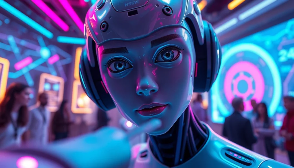 Engaging NSFW character AI depicted in a vibrant, futuristic digital landscape.