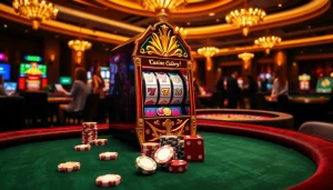 Excited gamblers playing onicplay slot machines with vibrant graphics and poker chips in a luxurious casino setting.