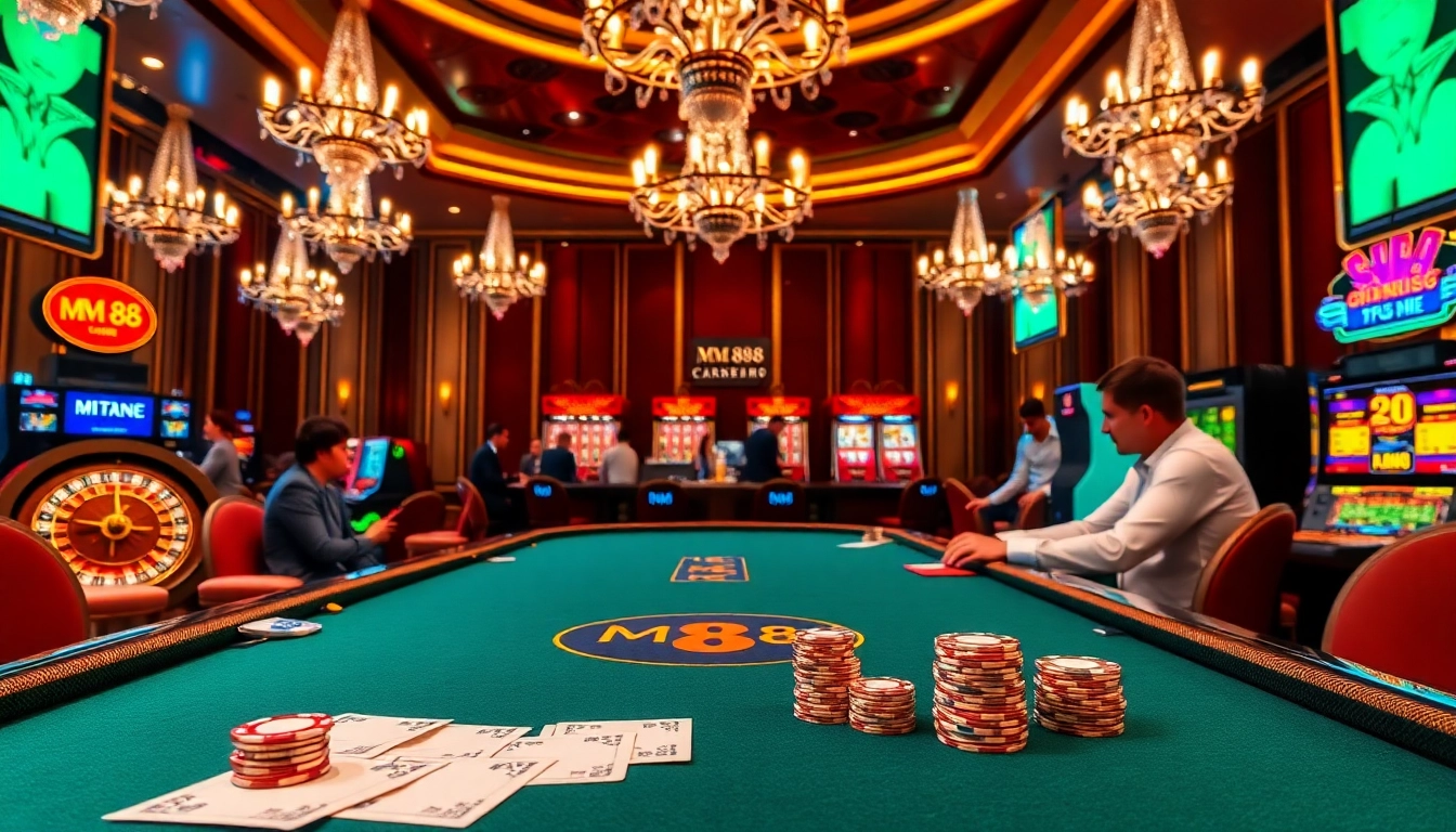 Experience the excitement of MM 88 casino with poker tables and vibrant slot machines.