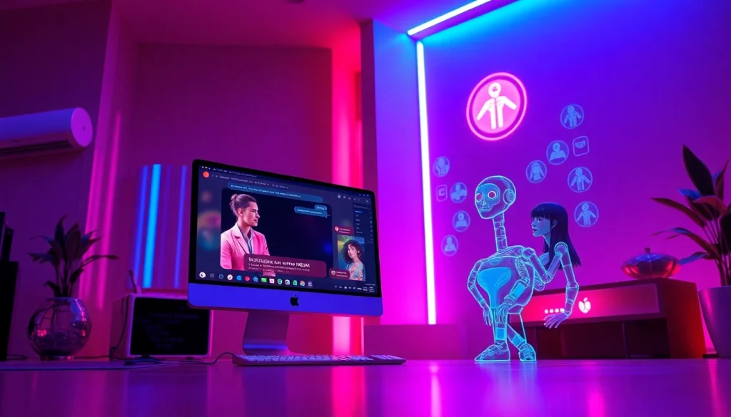 Engaging NSFW AI characters in a modern digital interaction environment with avatars and holographic elements.