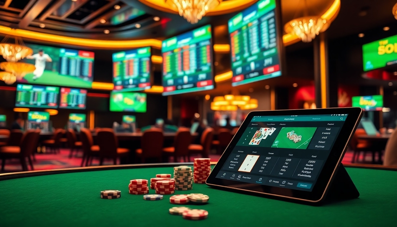 Engaging scene displaying 'link alternatif sbobet' with poker chips and sports betting interface at a vibrant casino table.