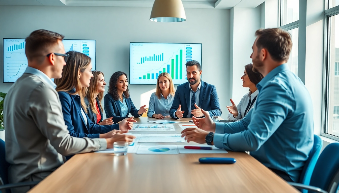 Engaging team discussing growth strategy trends with digital charts and graphs in a modern office.