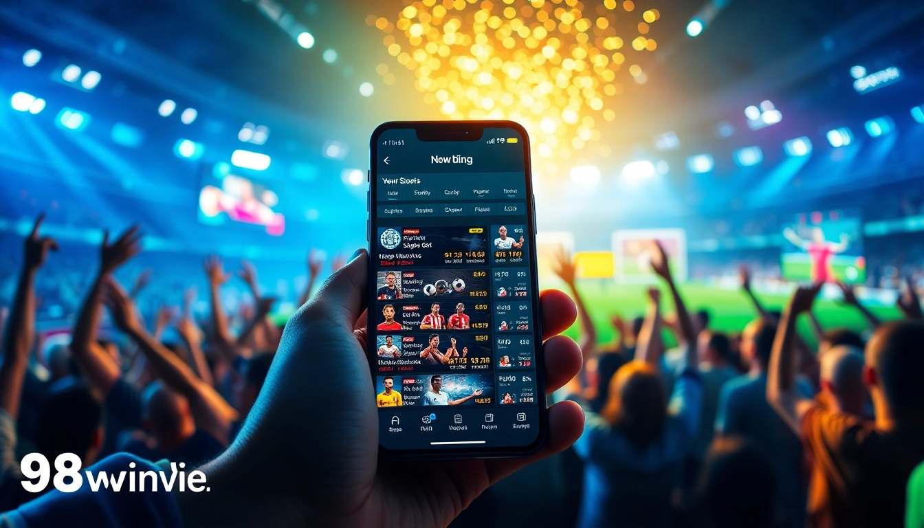 Exciting betting scene showcasing 98winwin.live on a smartphone, with sports fans and user-friendly interface.