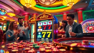Excited players engaging with the slot777 machine in a luxurious casino ambiance.