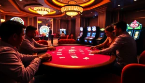 Exciting poker action at a BK8TH branded casino table with vibrant chips and cards.