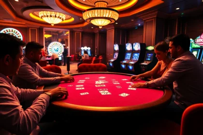 Exciting poker action at a BK8TH branded casino table with vibrant chips and cards.