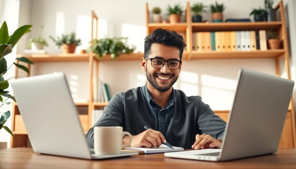 Engaged individual in part-time sales jobs from home, working intently from a well-organized office.