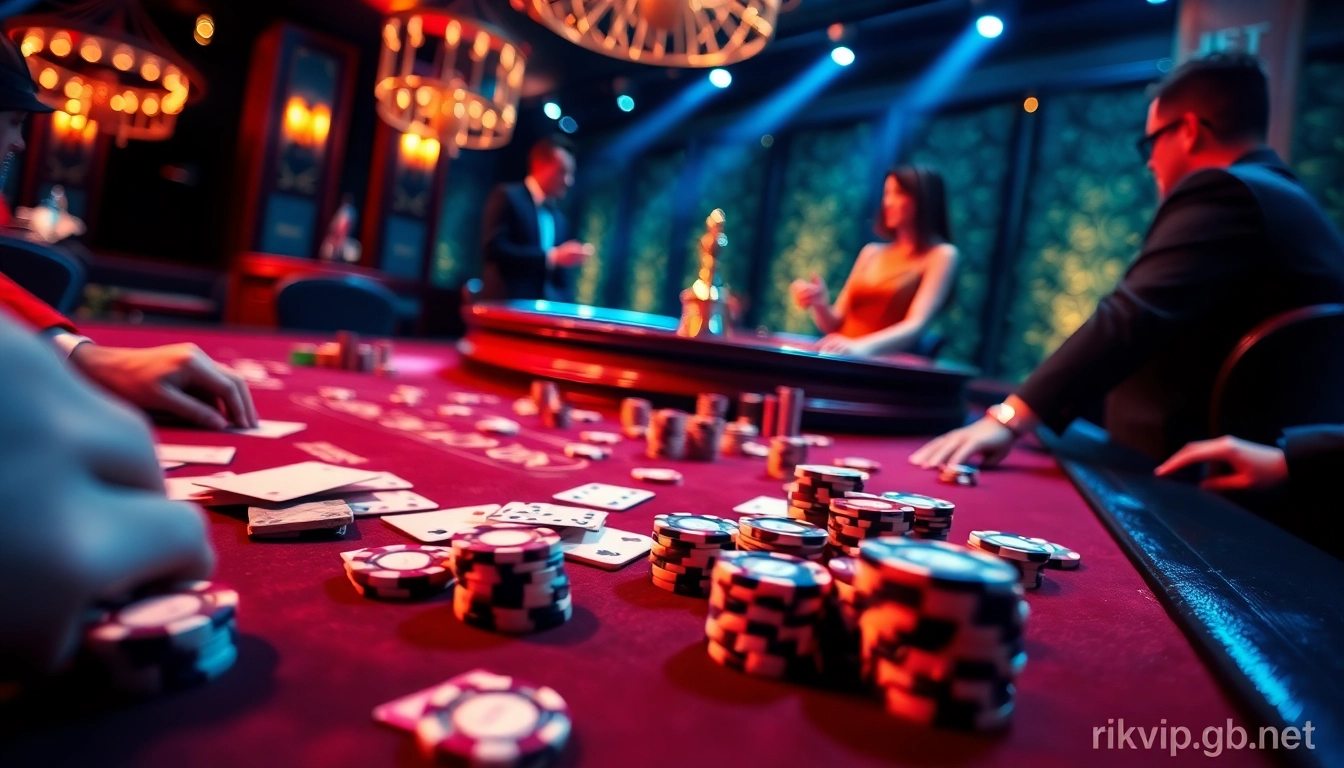 Players enjoying high-stakes poker at rikvip.gb.net casino, surrounded by luxury and excitement.