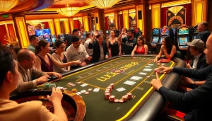 Hoạt động bàn chơi LUCK8 với roulette và những người chơi nhiệt huyết trong một casino sang trọng.