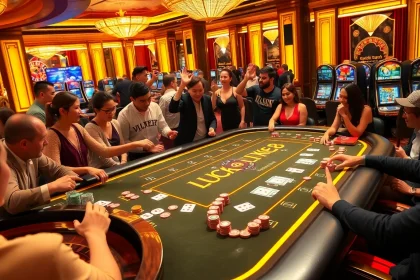 Hoạt động bàn chơi LUCK8 với roulette và những người chơi nhiệt huyết trong một casino sang trọng.