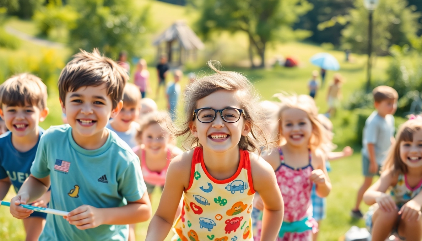 Children enjoying various activities at holiday camps during a bright summer day.