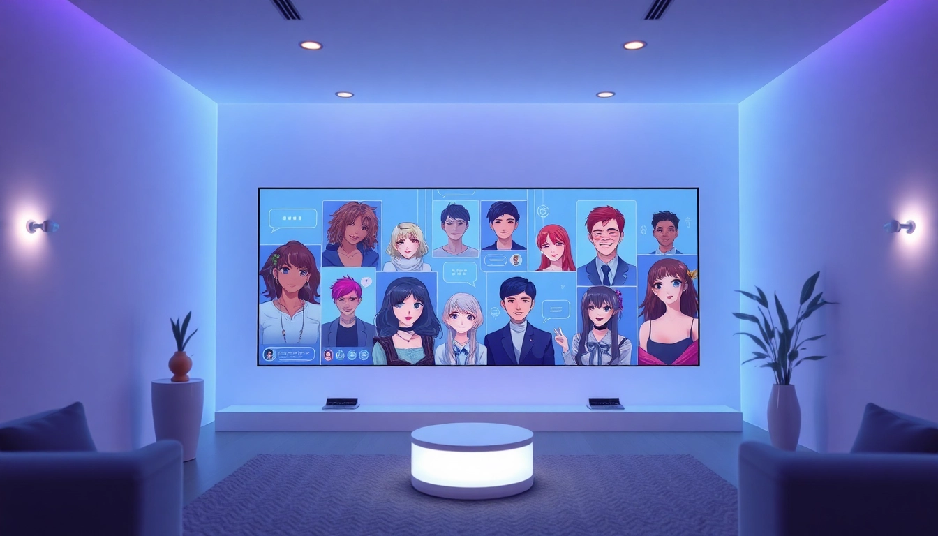 Dynamic chat room for nsfw character ai showcasing diverse AI personas and vibrant digital atmosphere.