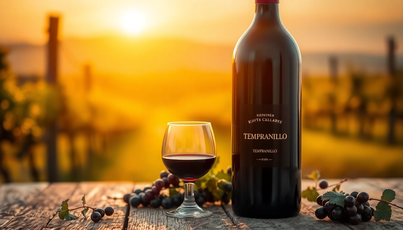 Tempranillo wine bottle showcased on a rustic table with glass and grapes surrounding it.