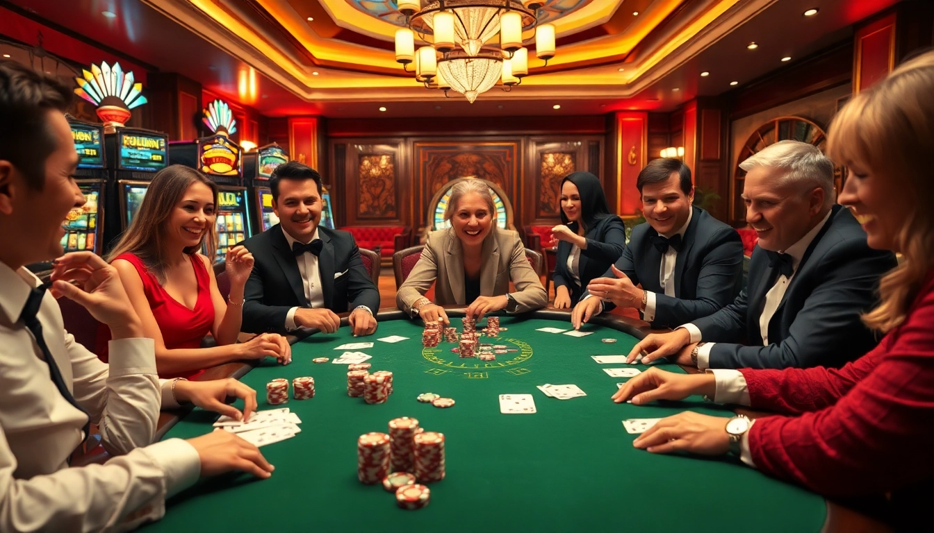 Jeu de poker captivant dans un casino en ligne fiable avec des joueurs, des jetons et des cartes montrant l'excitation.