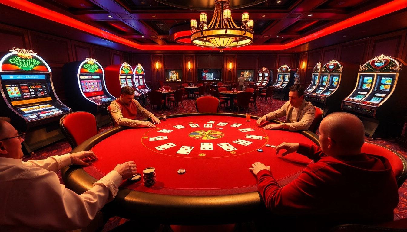 Scène captivante d'un casino en ligne fiable, présentant une table de poker luxueuse avec des jetons et des cartes vibrants.