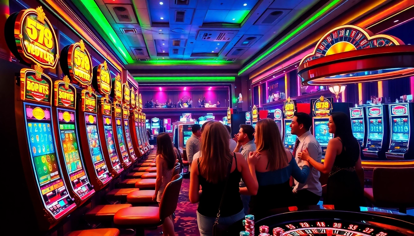 Exciting slot machine area with players celebrating jackpots in a luxurious casino setting.