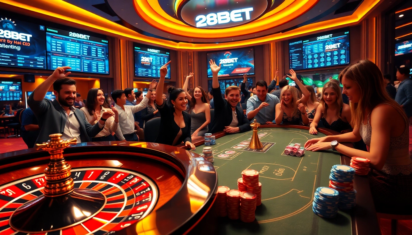 Engaging casino scene with 28BET's vibrant betting atmosphere and thrilling games.