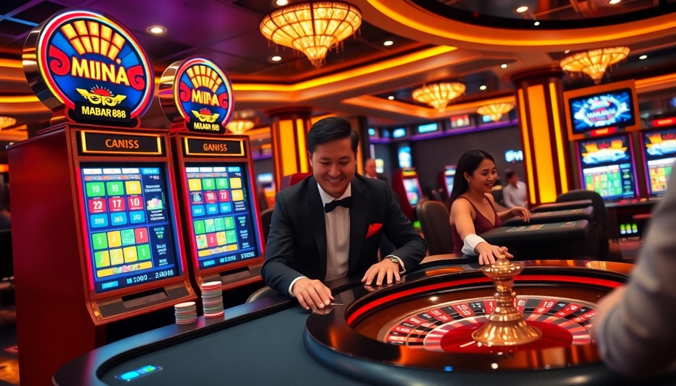 Pemain yang ceria menikmati permainan slot di kasino online MABAR88, menonjolkan kegembiraan dan potensi kemenangan.