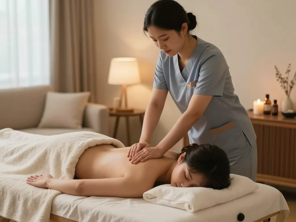 편안하고 고요한 환경에서 휴식을 제공하는 치료사와 함께하는 가정용 출장마사지 서비스.