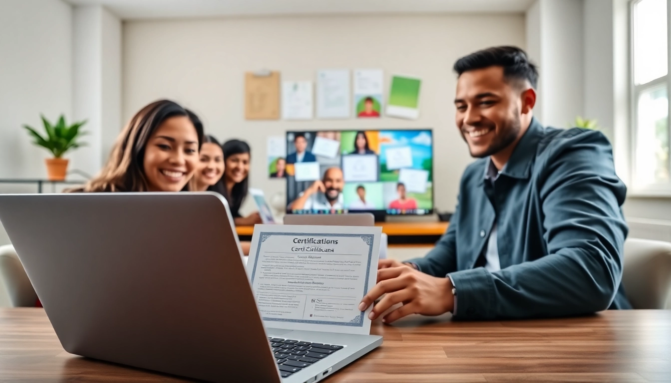 Group of professionals exploring various options to get certified online in a vibrant setting.