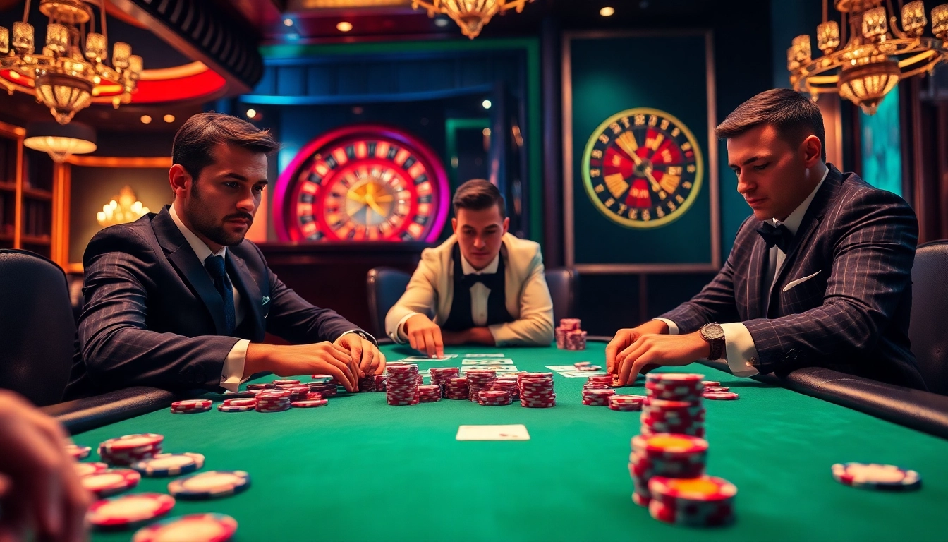 Joueurs de poker à enjeux élevés à une table luxueuse représentant un casino en ligne fiable.