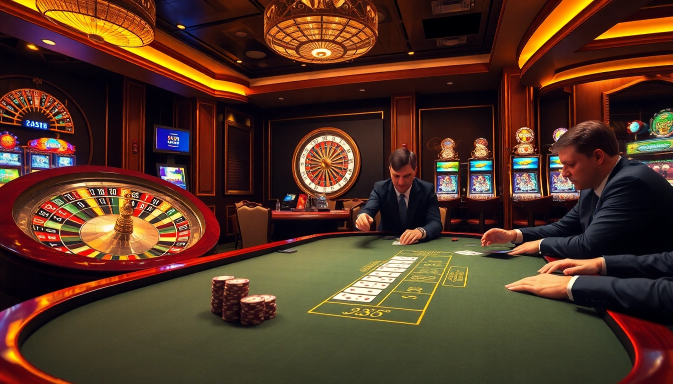 Joueurs engagés appréciant un jeu dans un casino en ligne fiable avec des tables de blackjack et une roulette tournante.