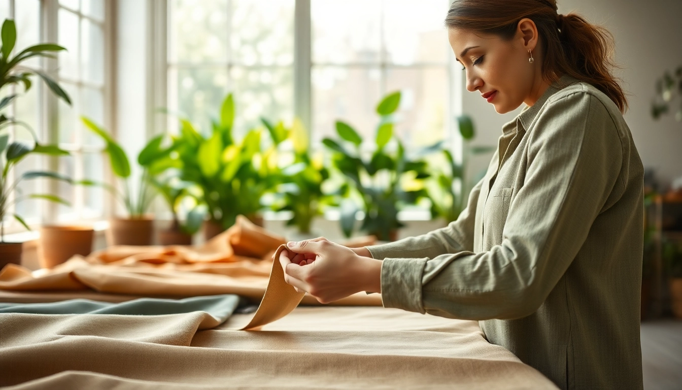 Duurzame stoffen getoond door een ontwerpers in een lichte studio met eco-vriendelijke materialen.