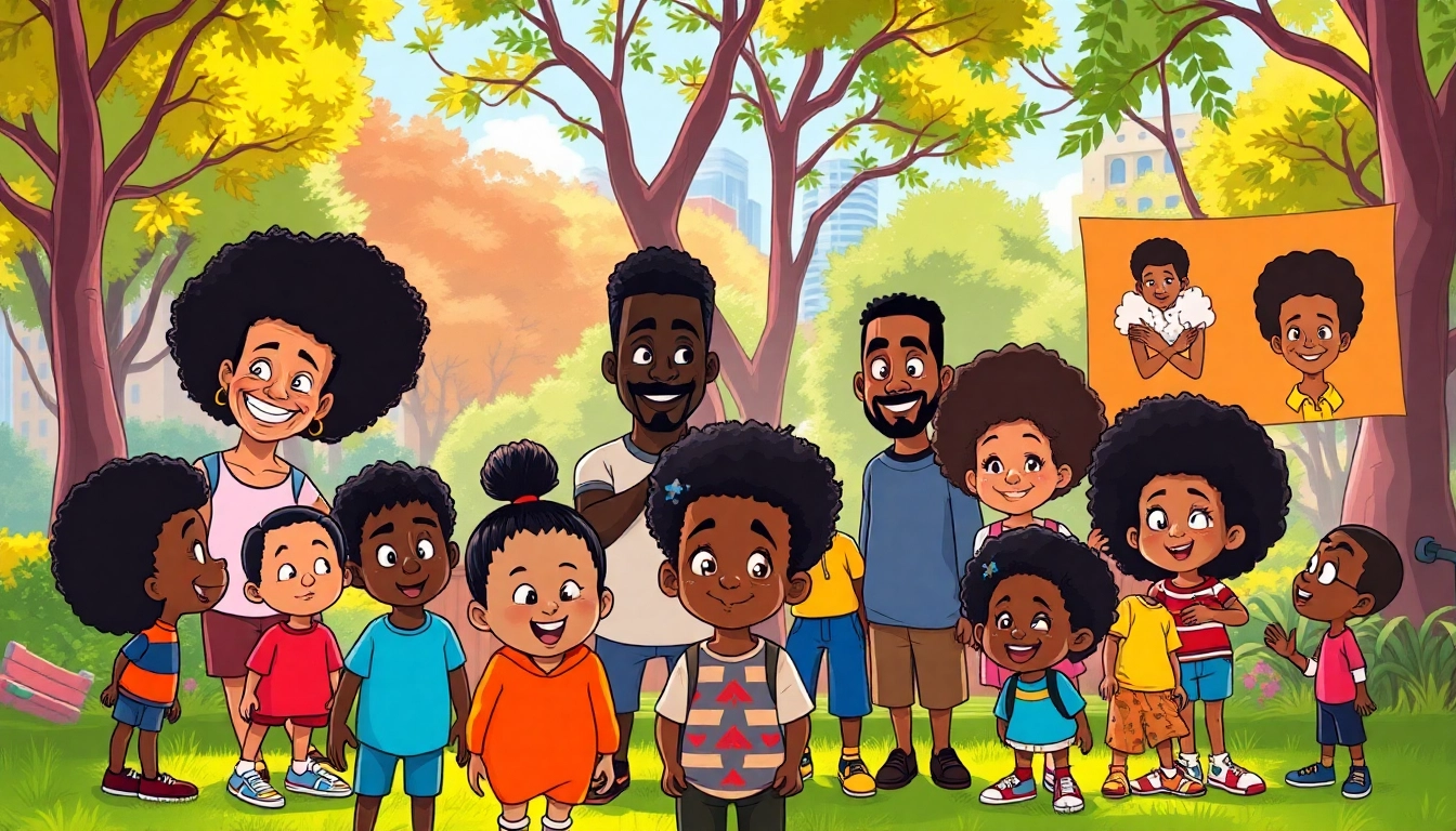 A lively illustration of African American Cartoons showcasing iconic characters in an urban park with joyful children, celebrating diversity.