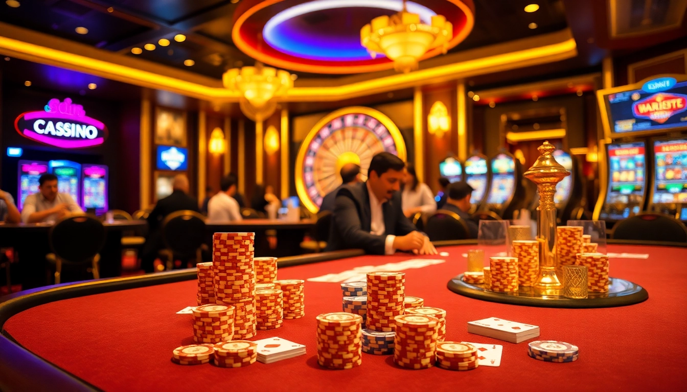 Un moment palpitant dans un casino en ligne fiable avec des jetons de poker et des cartes colorées, montrant excitation et professionnalisme.